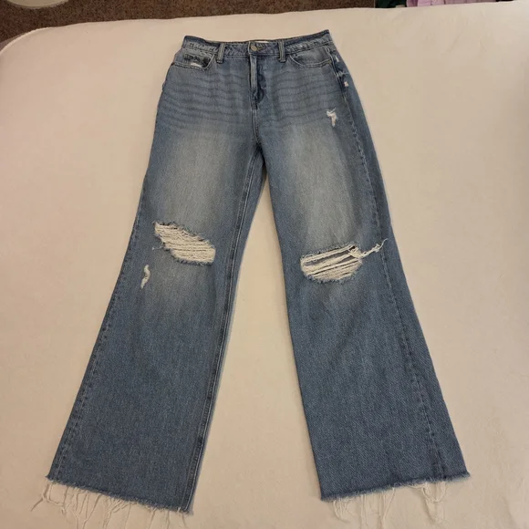 ZENANA Med Wash High Waist Distressed Raw Hem Wide Leg Jeans Women's Size 27 - Picture 6 of 14